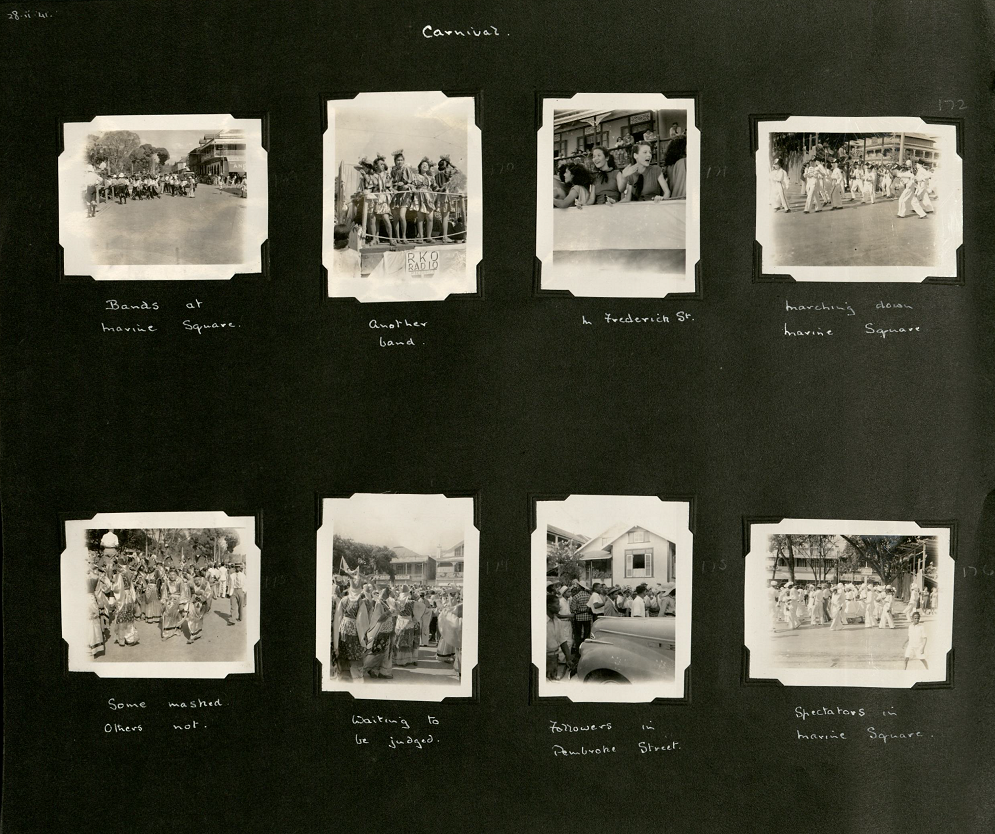 Eight black and white photographs showing the parade participants and spectators.
