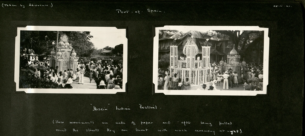 Two black and white photographs of a parade featuring paper constructions of scaled down temples. Caption reads: "Hosein" Indian Festival. These monuments are made of paper and after being pulled around the streets they are burnt with much ceremony at night.