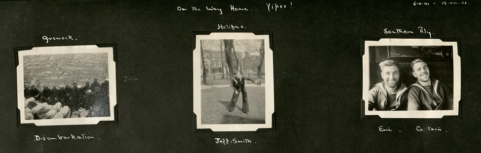 Three photos showing the disembarkation off the ship at Greenock, Jeff Smith at Halifax, and a smiling pair, Eric and Captain.