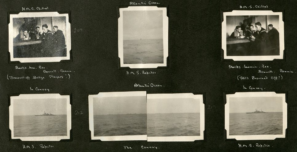 Six black and white photos. Two of crew members in sailor uniform sitting at a table, and four images of the Atlantic Ocean, with ships visible on the horizon of the convey, and two photos of the HMS Repulse.