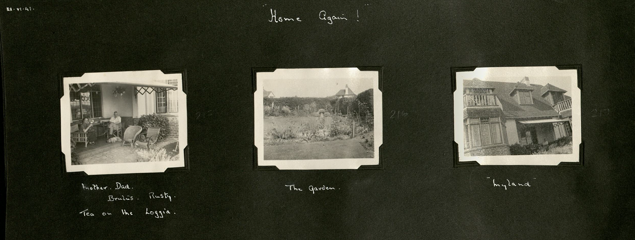 Three black and white photos showing the front and the garden of Mylands house. The third photo shows 'mother, dad, brutus, rusty [the two dogs] tea on the loggia'.