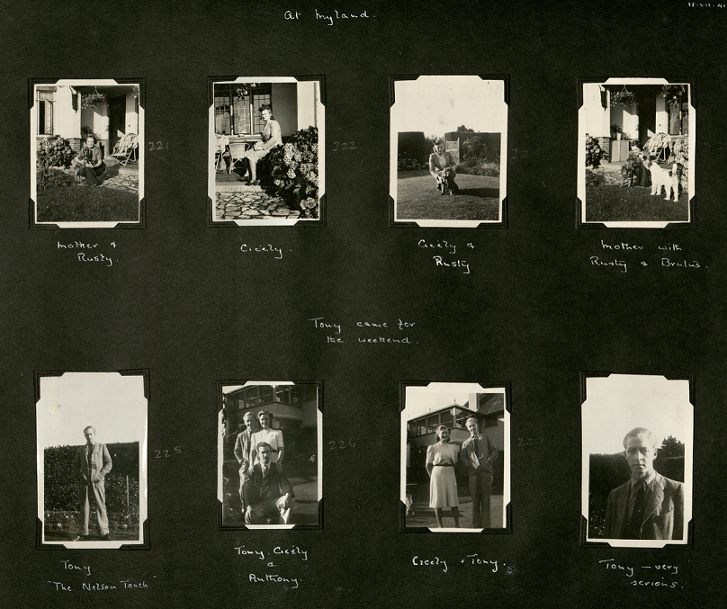 Two rows of four photos. Captioned: 'mother and rusty'; 'cecily'; 'cecily and rusty'; 'mother with rusty and brutus'; 'tony 'the nelson touch'; 'tony, cecily and anthony'; cecily and tony; and 'tony - very serious'