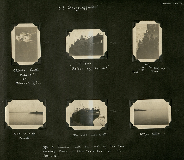 Six photographs in black and white showing the first sight of the canadian coastline, the ship that carried him there and some of the men on the deck of the ship.