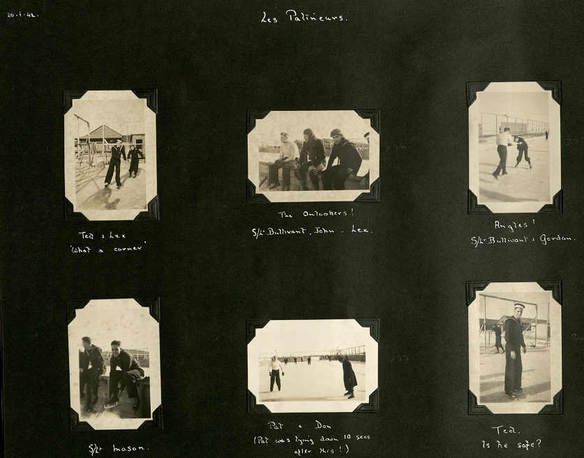 Six black and white photos showing the men trying to ice-skate. Some look very unsteady on their feet.