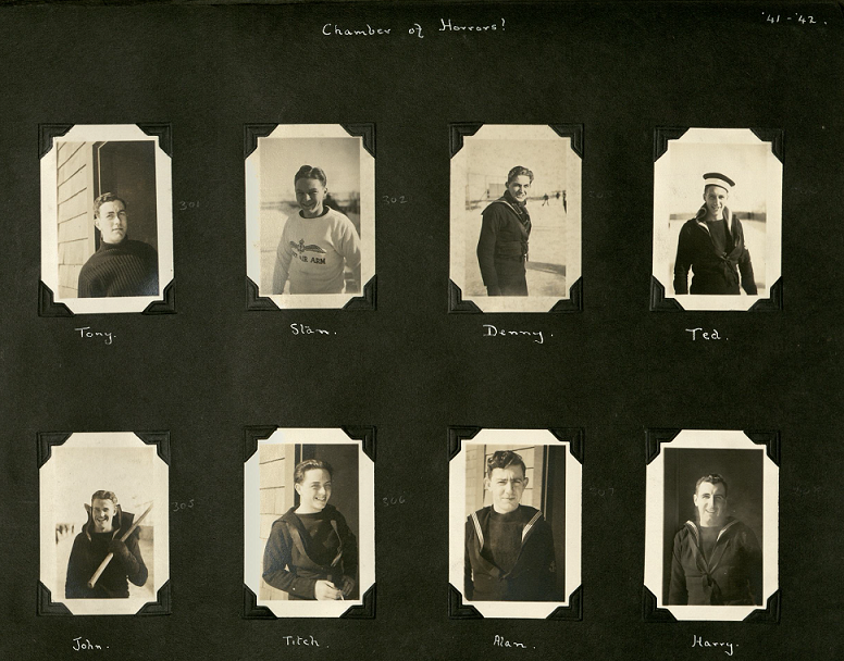 Eight black and white smiling portraits of Tony, Stan, Denny, Ted, John, Titch, Alan and Harry.