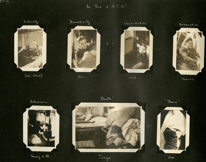 Seven photos of sailors in their quarters on the ship. They all are sleeping or relaxing according to the given adjective.