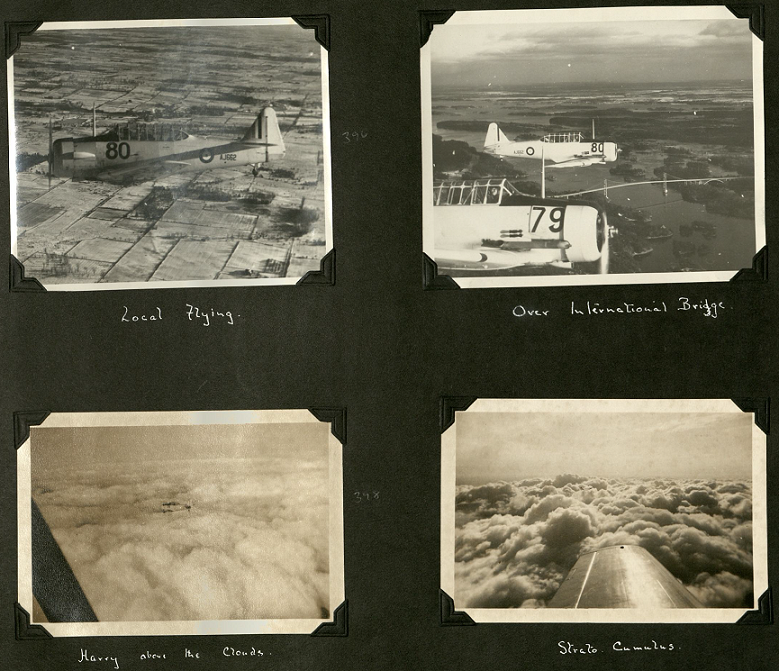 Two photos of planes flying over Canada taken from another plane. Two photos above the clouds. All four photos are in black and white.