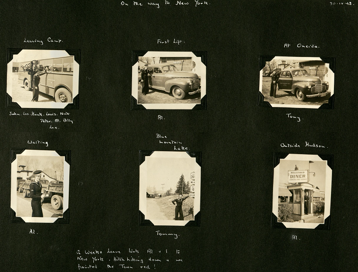 Six photographs over two rows showing the hitchiking process of the two men in sailor uniform getting down to New York