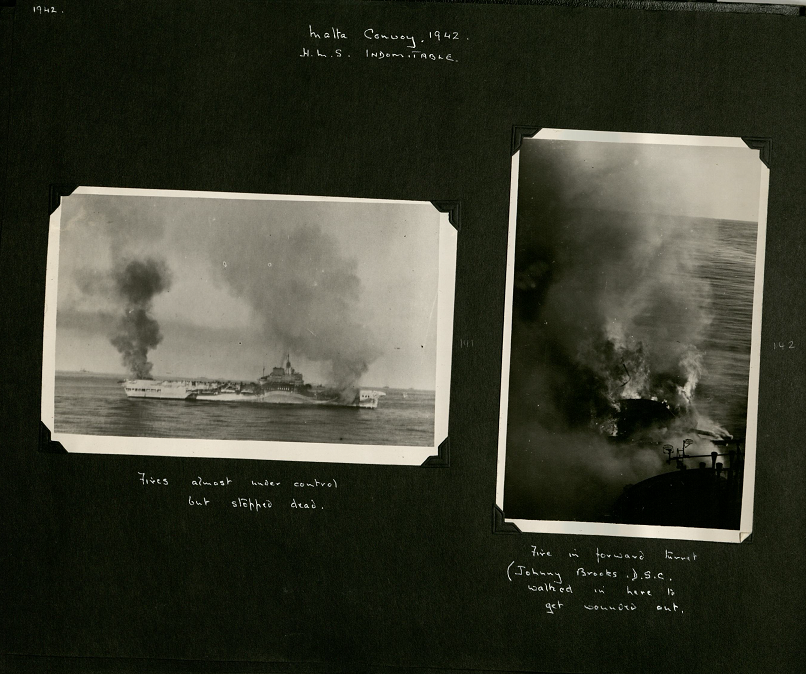 Two black and white photographs - one portrait one landscape. The captions read 'Fires almost under control but stopped dead.' and 'Fire in forward turret. Johnny Brooks DSC walked in here to get wounded out.'