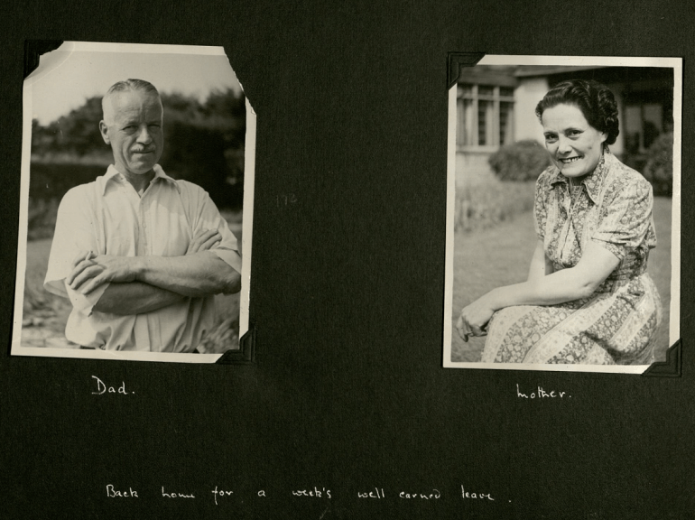 Two black and white portrait photos taken in the family back garden. The phots are captioned Dad and Mother respectively.