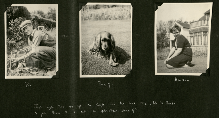 Three portrait photographs taken in the backgarden. Captioned Pat, Rusty and Heather respectively. Also includes the caption: 'Just after this we left the Clyde for the last time. Up to Scapa to join Force H & out to Gibraltar June 17th.'