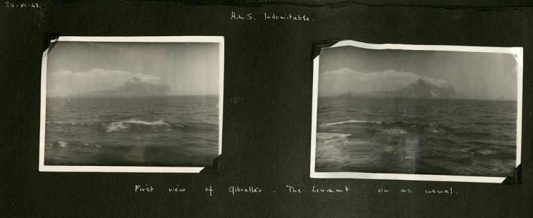 Two landscape black and white photos of Gibraltar in the distance.