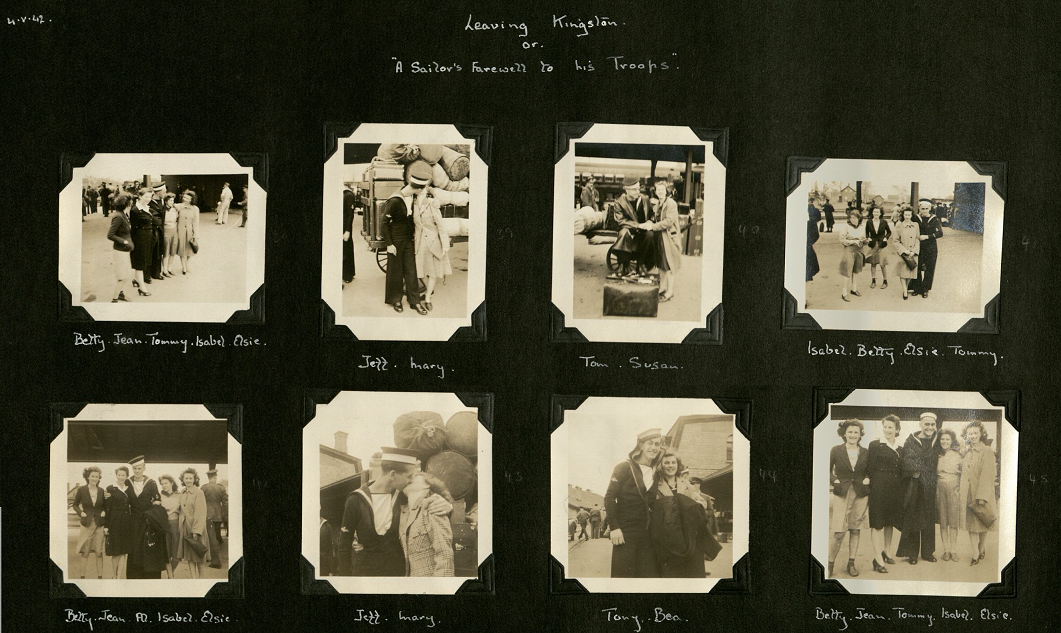 Two rows of four photographs each showing sailors kissing and hugging women - potentially WRNS -goodbye as they prepare to set sail