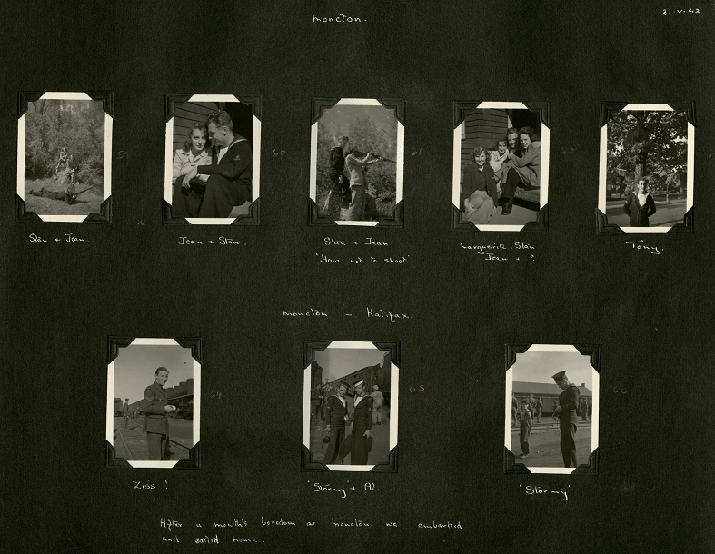 Seven black and white photographs of Tony, Stormy, Al, Jean, Ziss, Marguerite and others relaxing in Moncton.