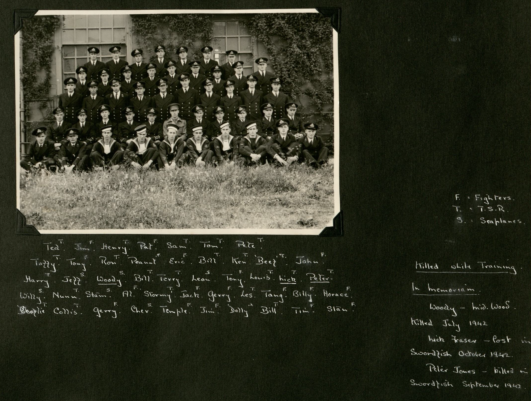 The photograph of the men in their formal uniforms includes a note underneath of their first names, and whether they flew a fighter, a bomber, or a sea plane. There is also three men who is listed as dying during training and how