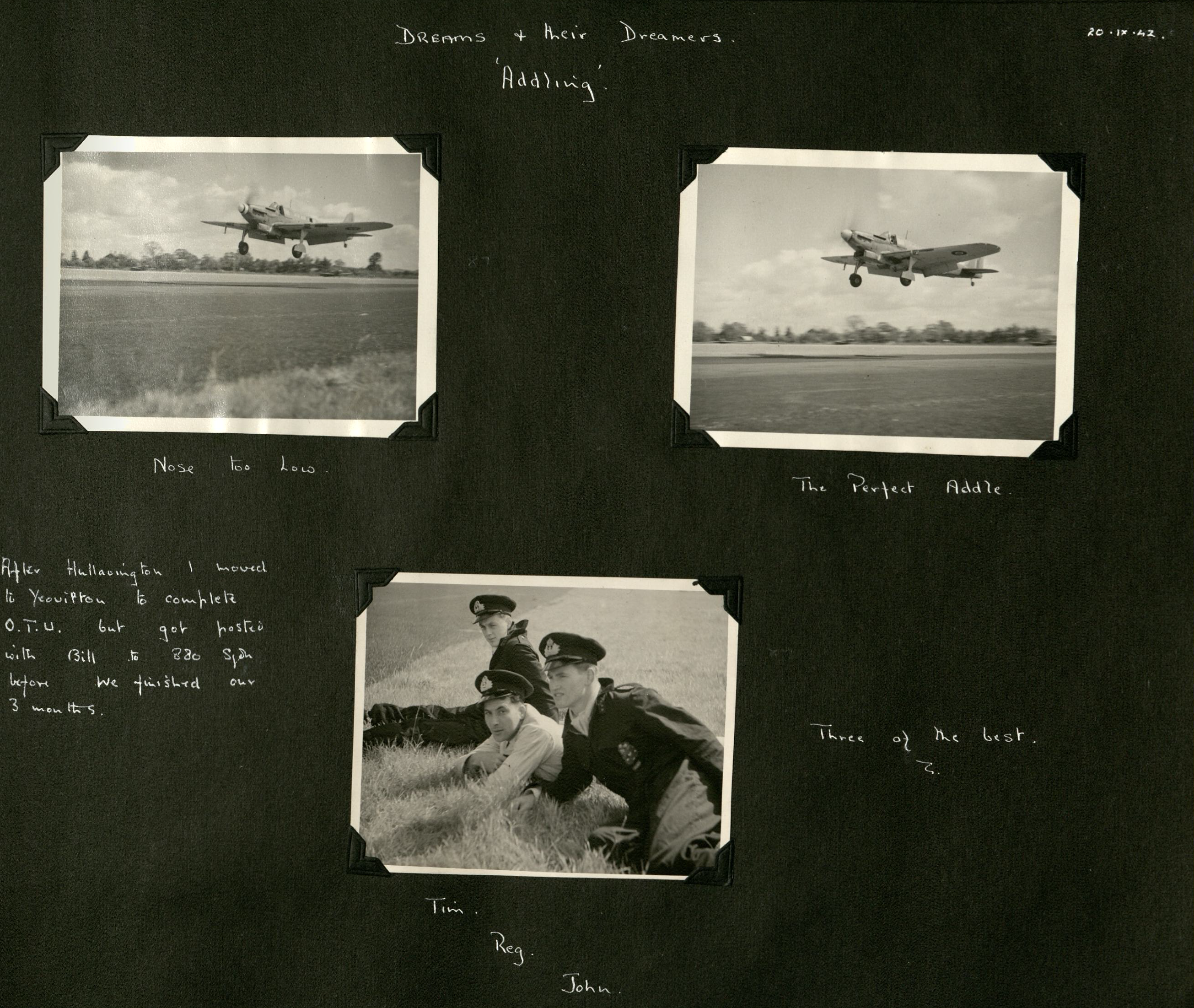 Three photos in black and white. Two of of a fighter plan landing on a runway. The third is three men in unifrom relaxing on the grass. They are identifed as Tim, Reg and John and described as 'three of the best'