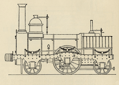 Drawing from the side of an old fashioned steam train front carriage.