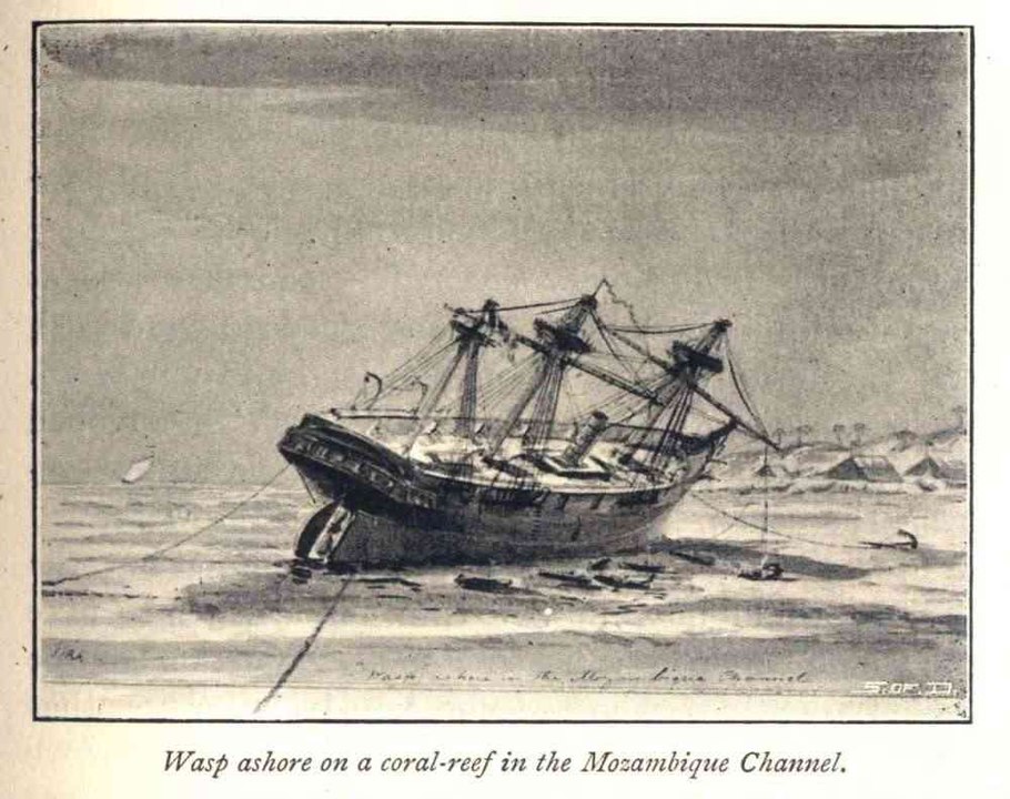 A print of the HMS Wasp run aground on a coral reef in the Mozambique Channel. The ship is tilted to its side.