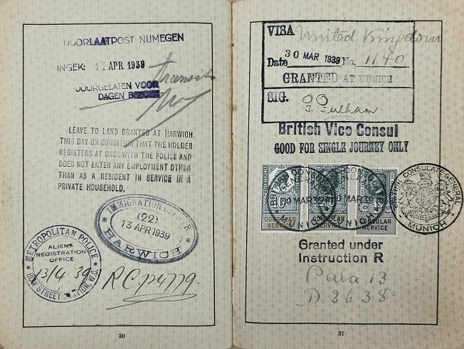 Open two pages showing stamps for her journey to Munich then London. Her journey is noted as one way.