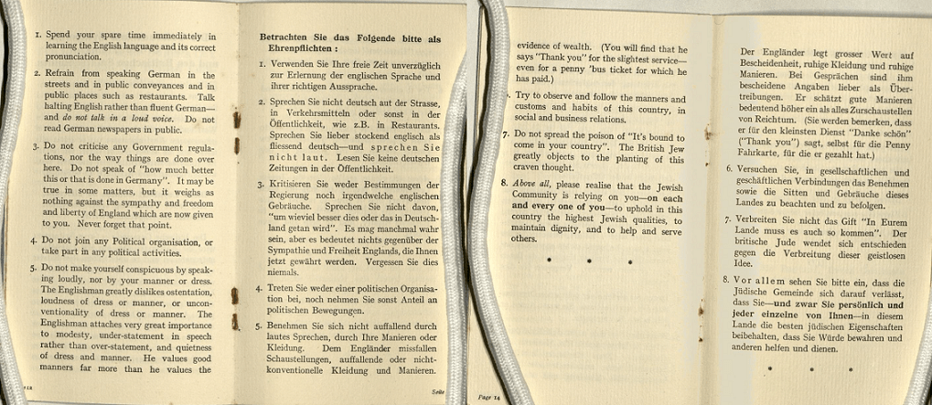 Two two open page spreads from the booklet, giving advice on English customs and behaviours and how best to blend in, including saying thank you in all instances, urging them to learn english and never speak german, not to get involved in politics and to avoid being conspicuous.