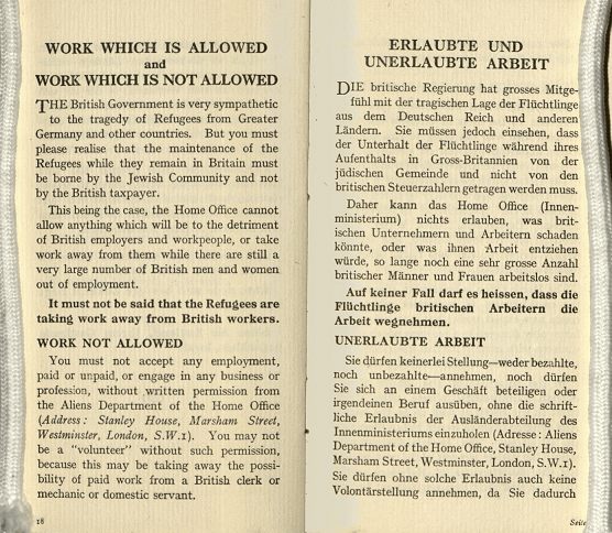Open two pages of the book. On the left is written in English, the right German. The pages specify which work is allowed and what is not, stating that a Jewish refugee cannot work without permission from the Aliens Department of the Home Office.
