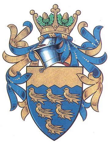 A shield with a zig zag banner taking up a quarter of the badge. Three rows of birds - three, two, one in the rows - are underneath. Above the shield is a metal knight's helmet with a golden crown on top. Ribbons as flourishes come out the crown and helmet. In between the three prongs of the crown are two acorns, each with their own two oak leaves. The badge is coloured gold, blue and green for the leaves.
