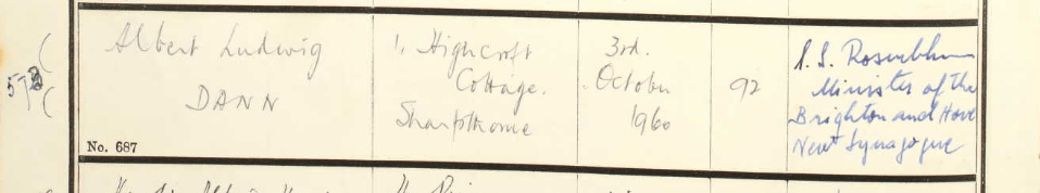 Entry reads: Albert Ludwig Dann 1 Highcroft Cottage Sharpthorne, 3rd October 1960, 92.