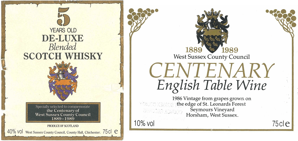 Two labels - one for 5 year old scotch whisky; one for English table wine produced near Horsham. The Sussex Coat of Arms is prevalent on the labels.