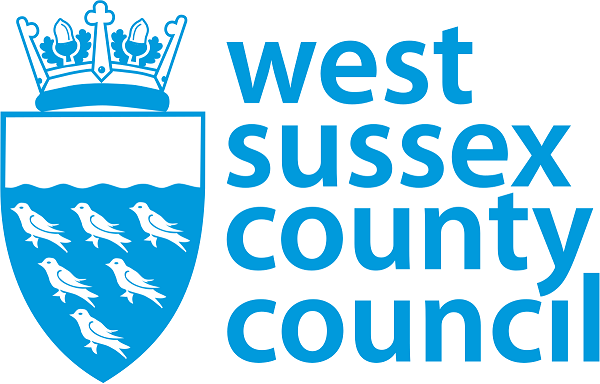 All in azure blue. Features the shield with a white top quarter with a wavy border, then three white birds against a blue background in three rows - three, two, one in each row. A crown with three prongs sits above the shield, and in between are acorns with oak leaves. To the right of the logo reads West Sussex County Council.
