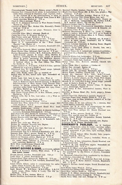 Page of small print text listing companies and people in alphabetical order. The occassional entry is in all capitals and bold lettering, standing out from others on the two column lists.
