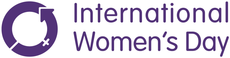 Logo of International Women's Day in Purple text against a White background