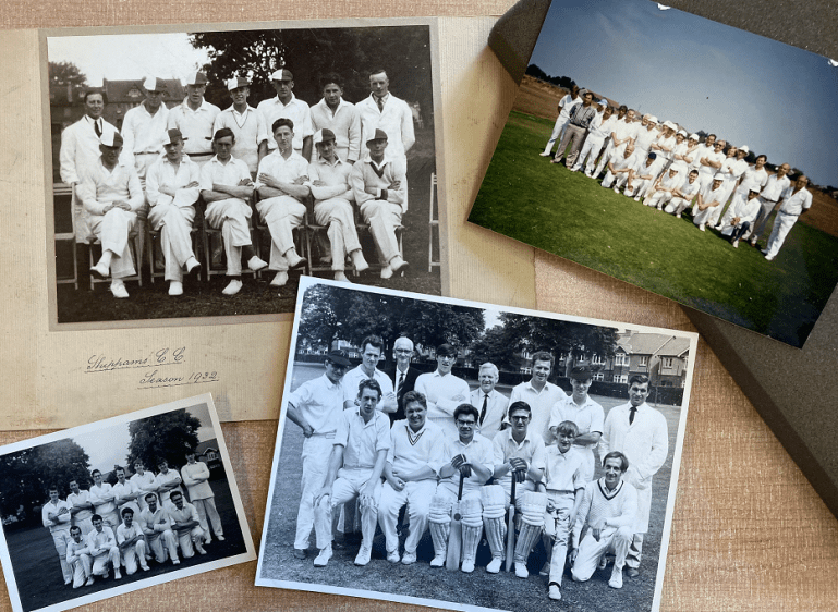 Three black and white and one colour photograph, all showing the teams lined up together and in cricket whites. One photograph is mounted and dated 1932.