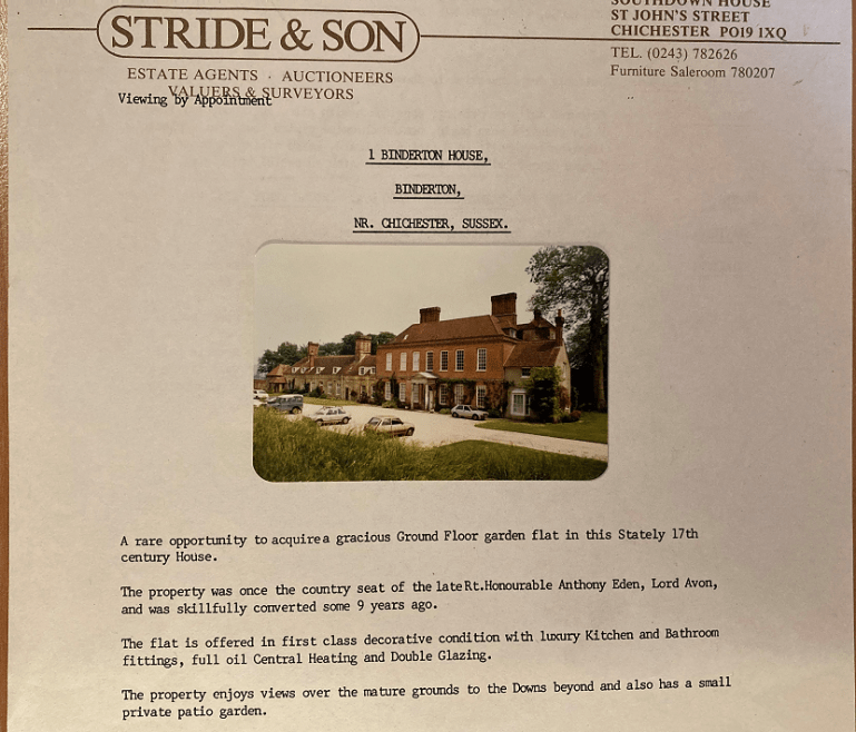 Part of typescript sheet with colour photograph attached showing the front of Binderton House